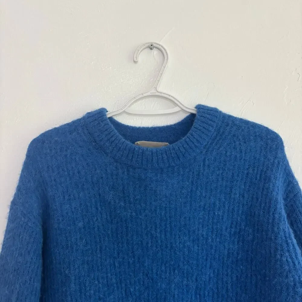 Everlane Alpaca Blend Crew Neck Sweater S Blue Fuzzy Knit Pullover Merino Wool